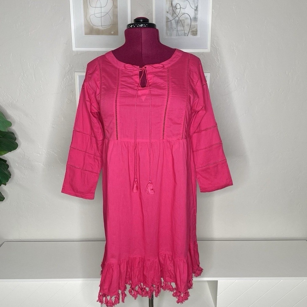 Catherine Malandrino Dress Womens Medium Pink Boho Tassel Ruffle Cotton Babydoll